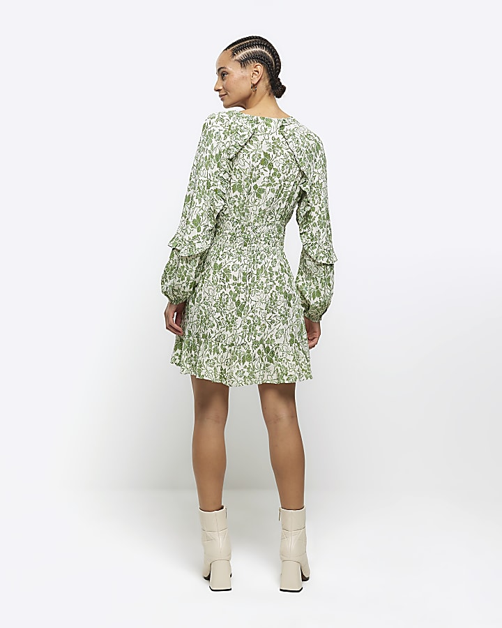 Green floral frill smock mini dress