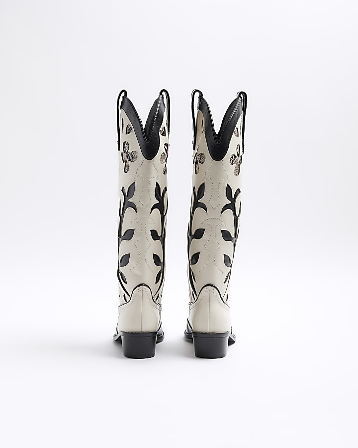 Cream Western Knee High Boots