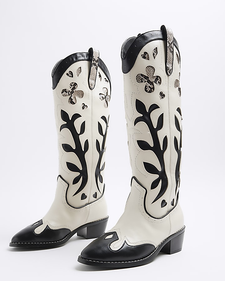 Cream Western Knee High Boots