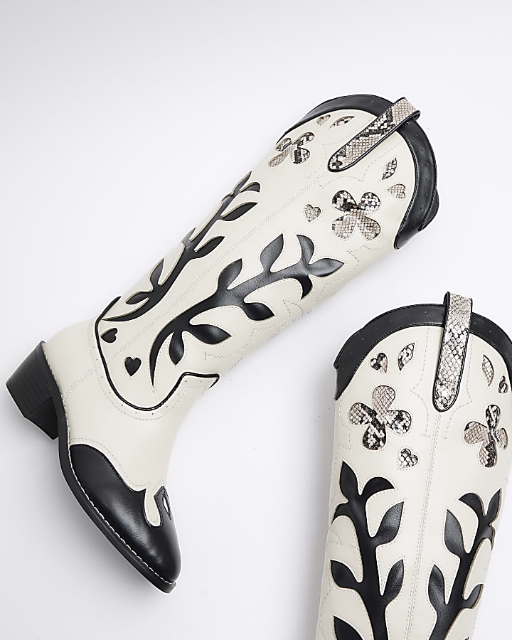 Cream Western Knee High Boots