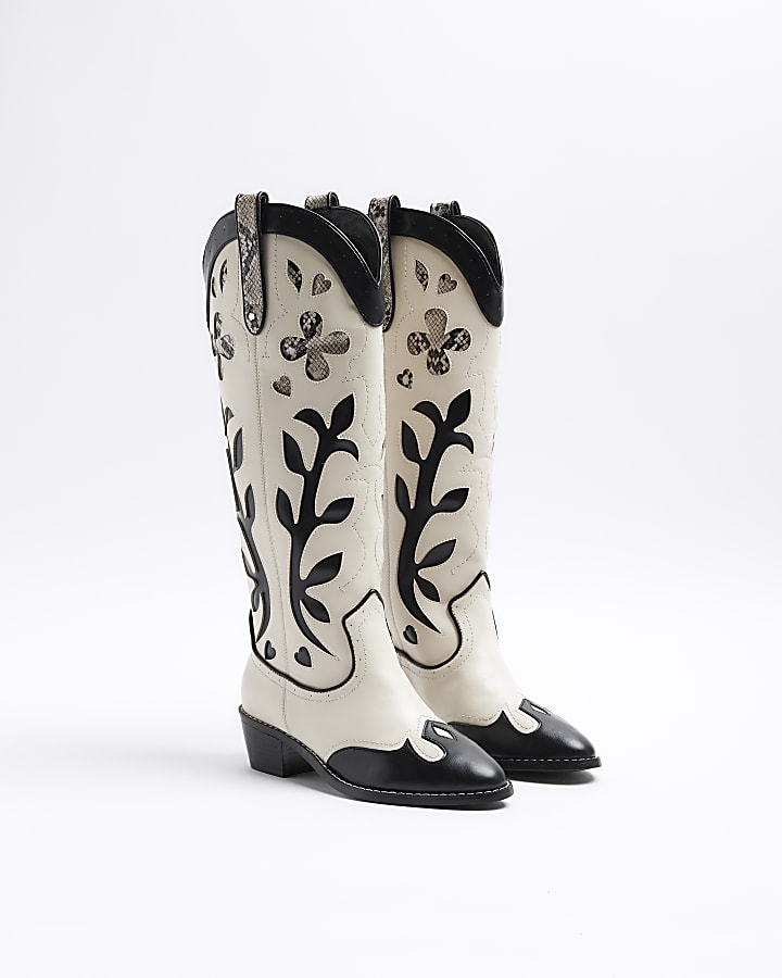 Cream Western Knee High Boots