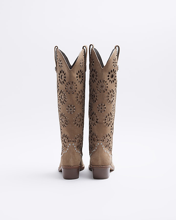 Beige Suede High Leg Cut Out Western Boot