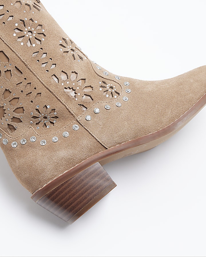 Beige Suede High Leg Cut Out Western Boot