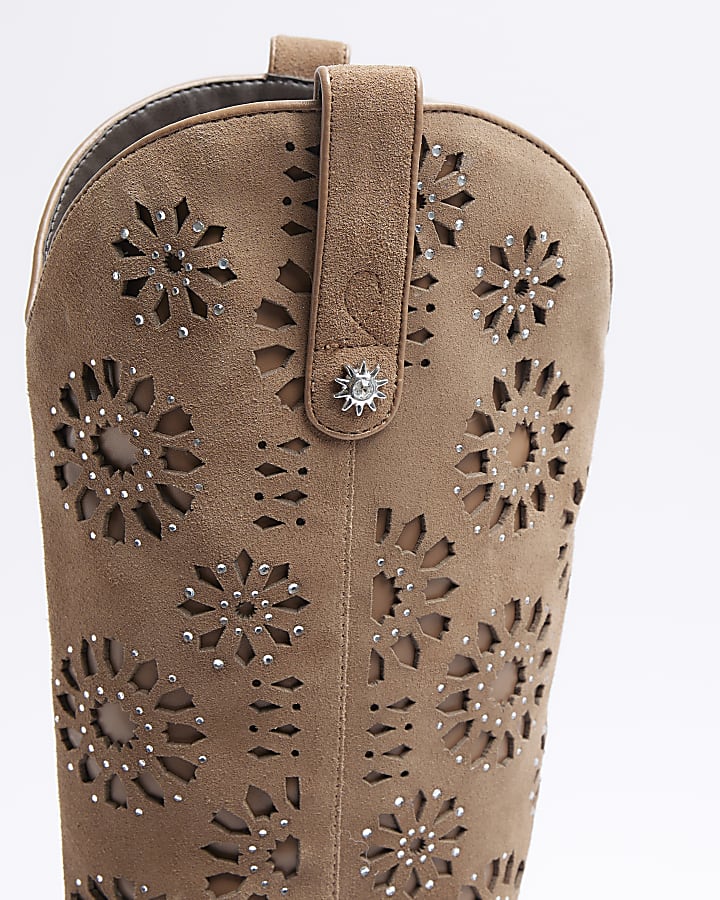 Beige Suede High Leg Cut Out Western Boot