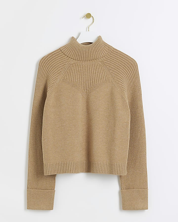 Beige rib roll neck jumper