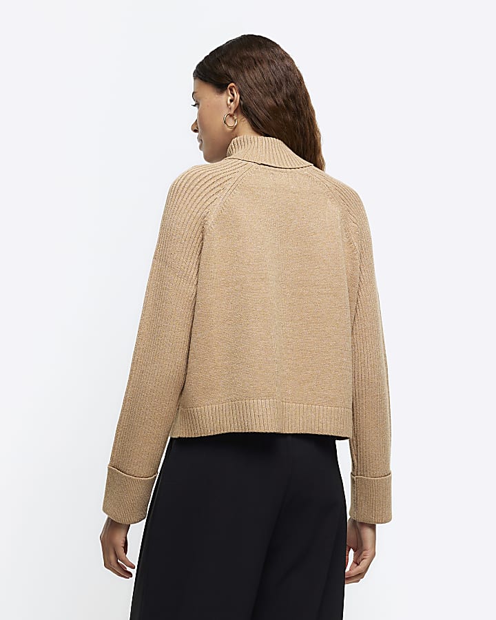Beige rib roll neck jumper