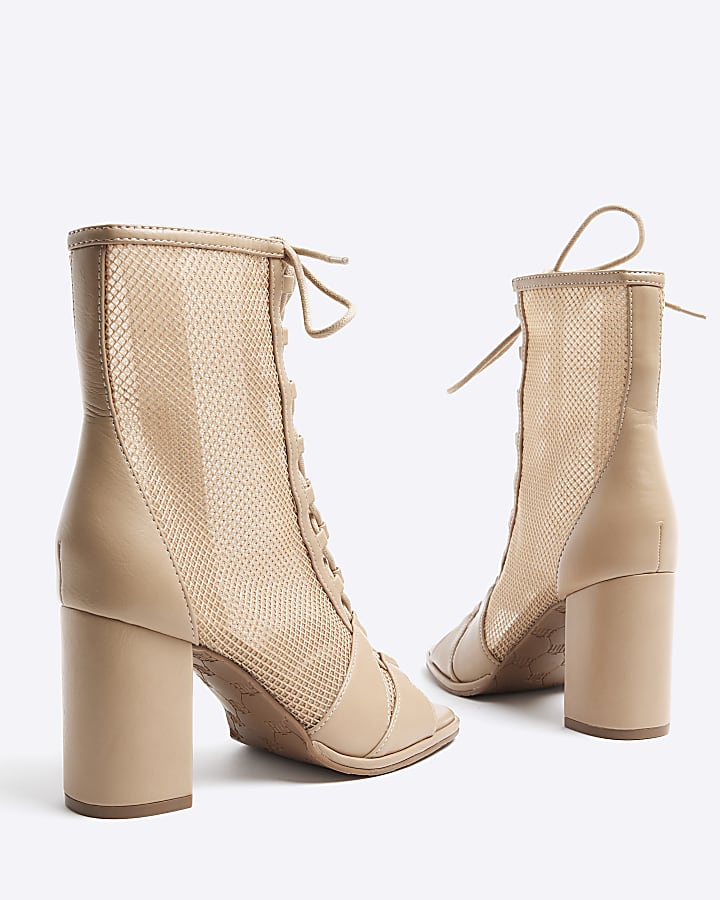 Beige mesh lace up shoe boots