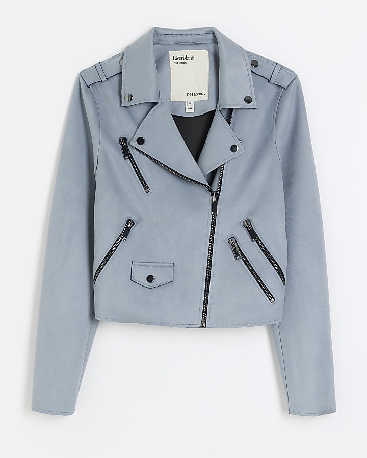 Blue suedette crop biker jacket