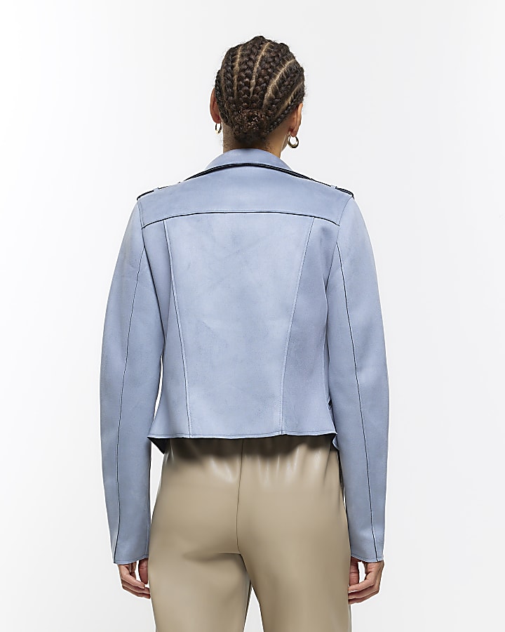 Blue suedette crop biker jacket