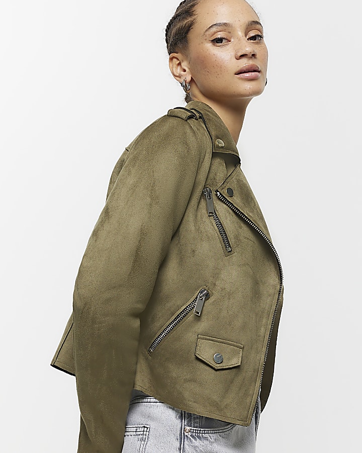 Khaki suedette crop biker jacket