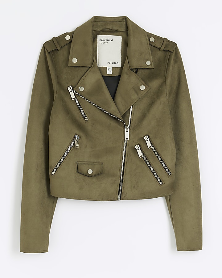 Khaki suedette crop biker jacket