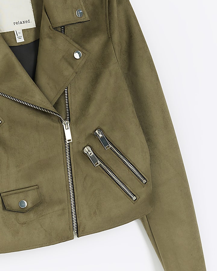 Khaki suedette crop biker jacket