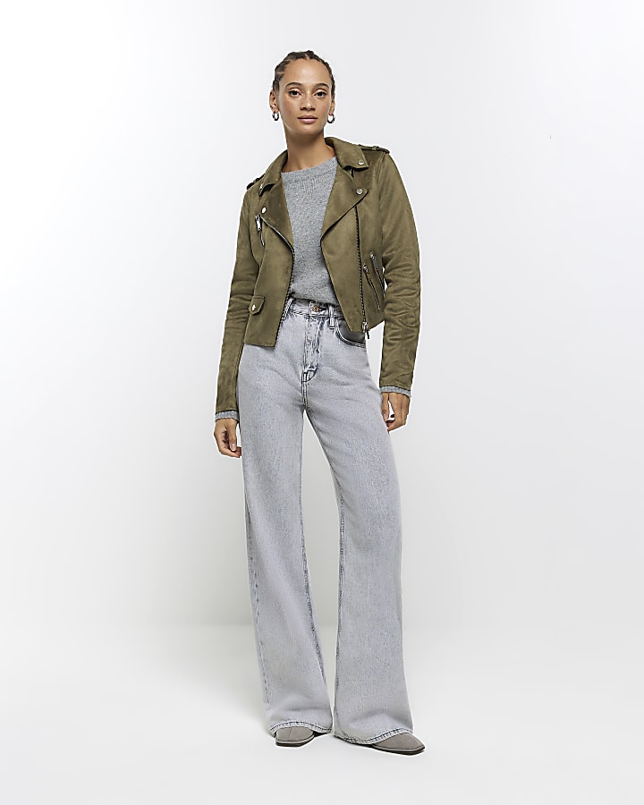 Khaki suedette crop biker jacket