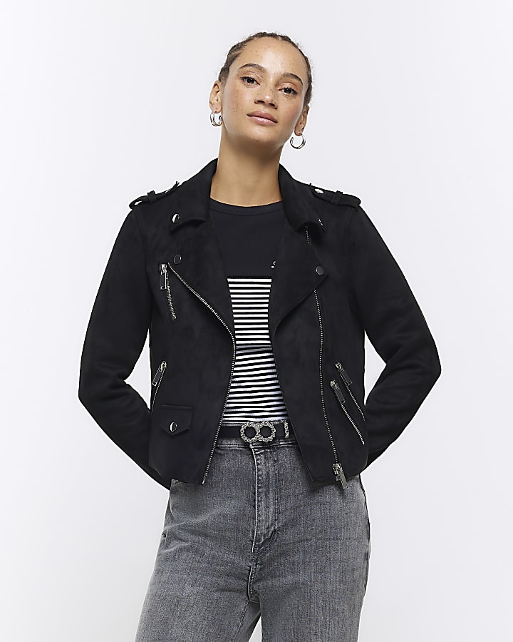 Black suede jacket river island on sale