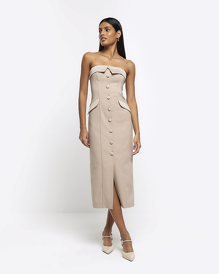 Beige tux bandeau midi dress