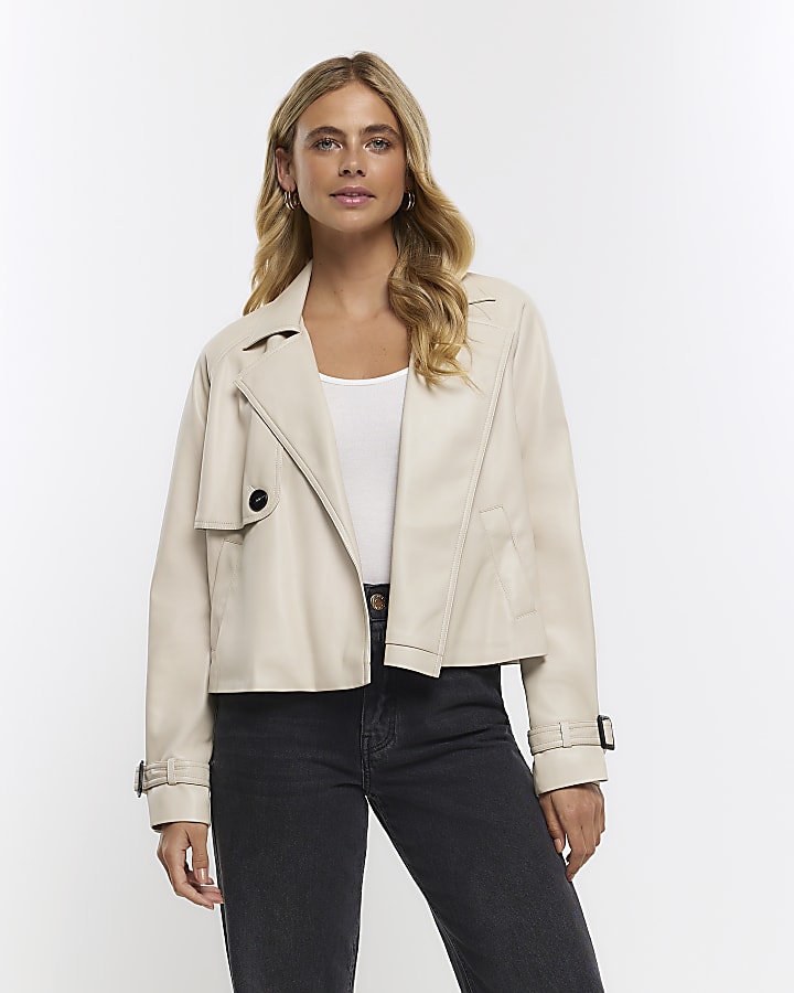 Cream faux leather crop trench coat River Island