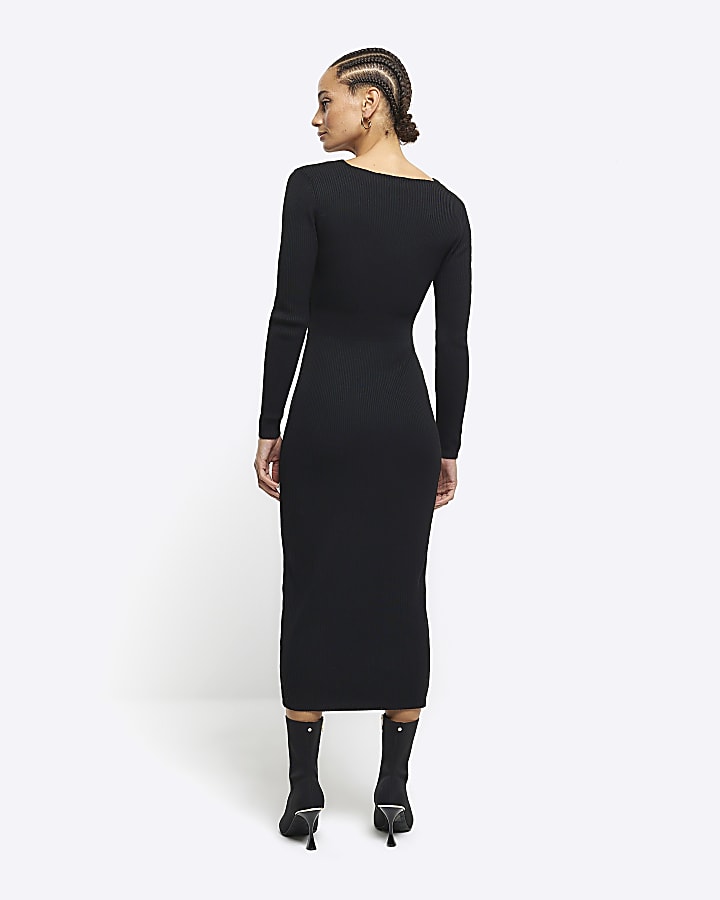 Black rib knot bodycon midi dress