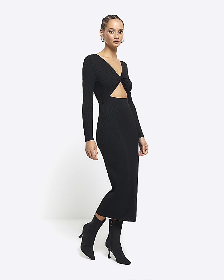 Black rib knot bodycon midi dress