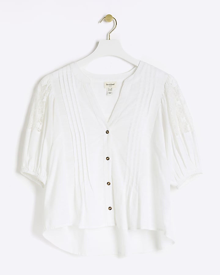 White lace panel puff sleeve blouse