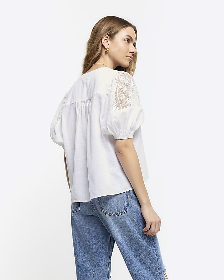White lace panel puff sleeve blouse