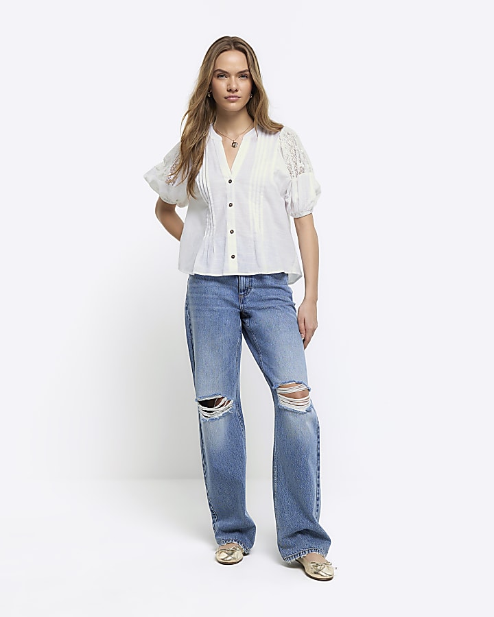 White lace panel puff sleeve blouse