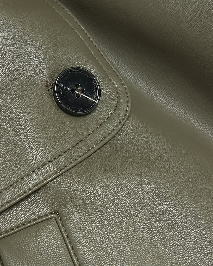 Khaki faux leather crop trench coat