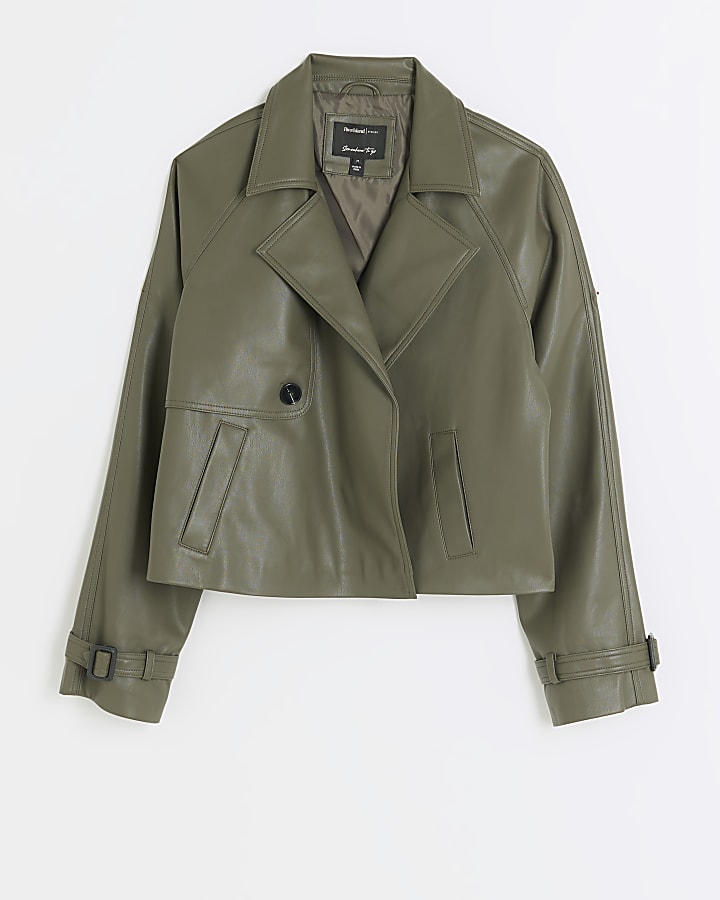 Khaki faux leather crop trench coat