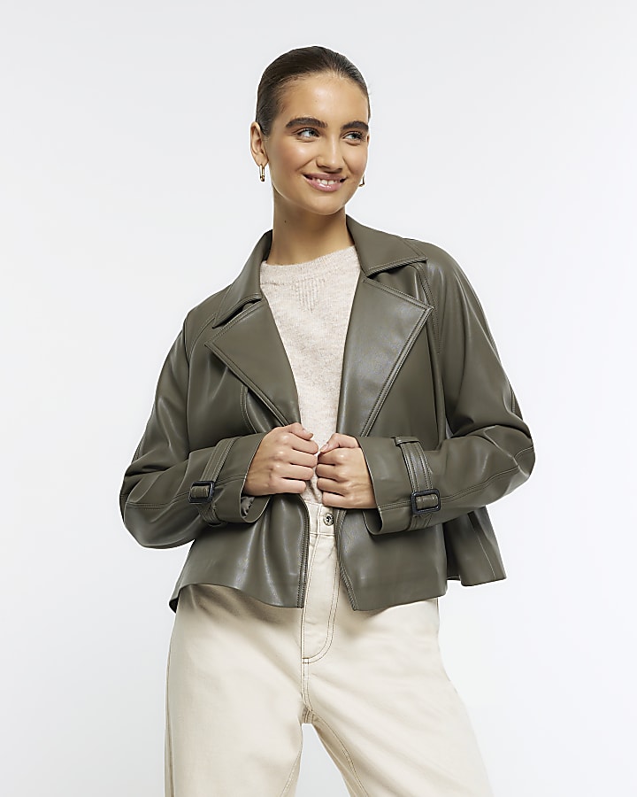 Khaki faux leather crop trench coat River Island