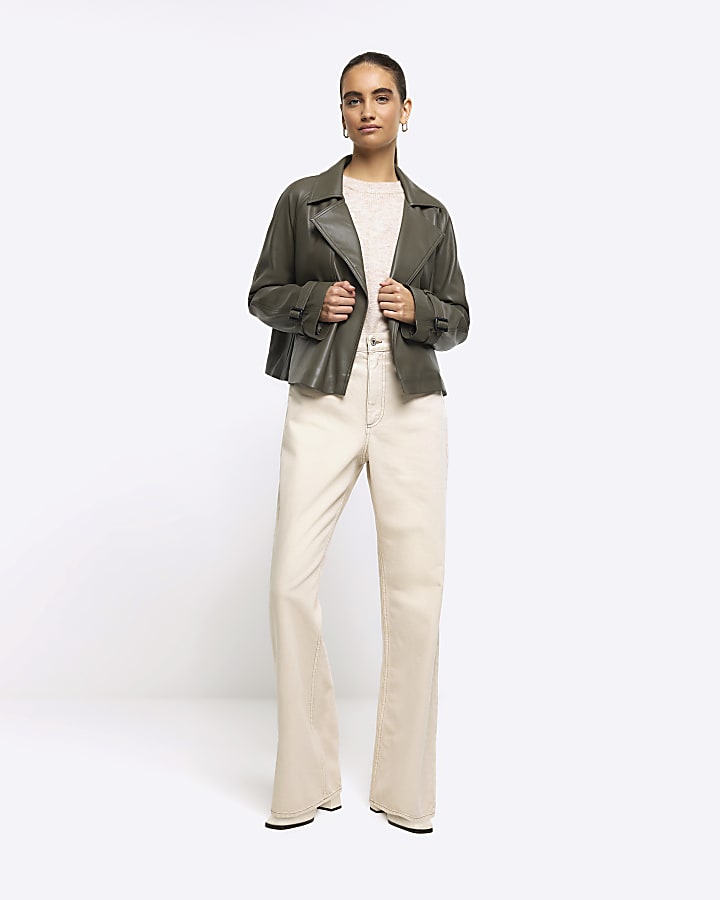 Khaki faux leather crop trench coat