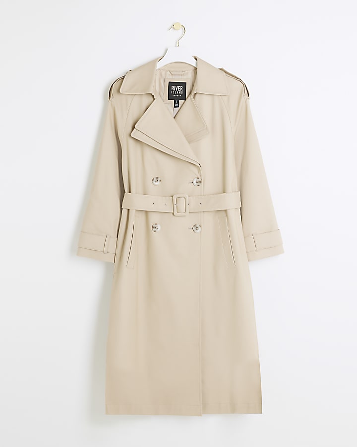 Petite beige double collar belted trench coat