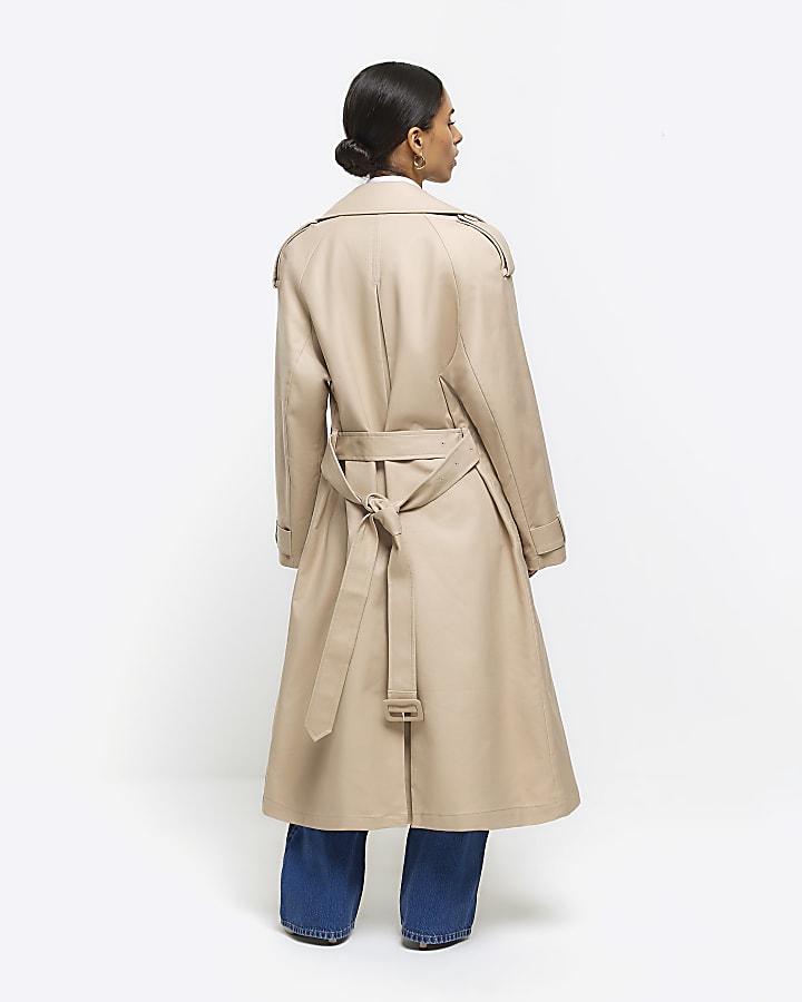 Petite beige double collar belted trench coat