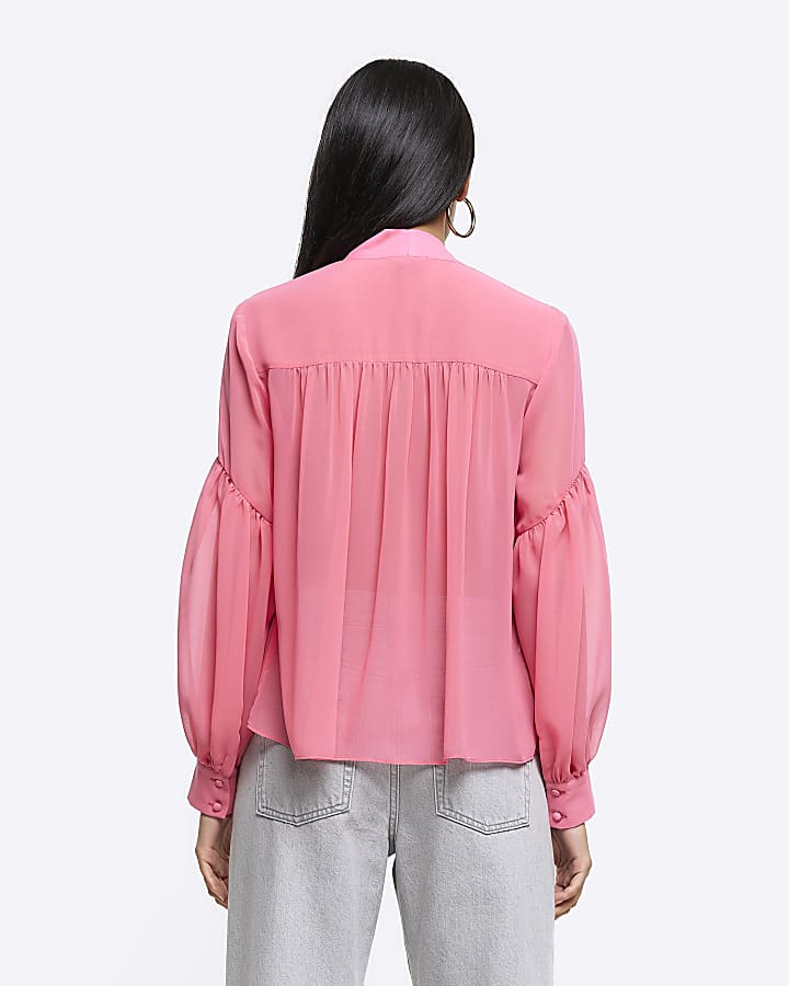 Pink front tie long sleeve shirt