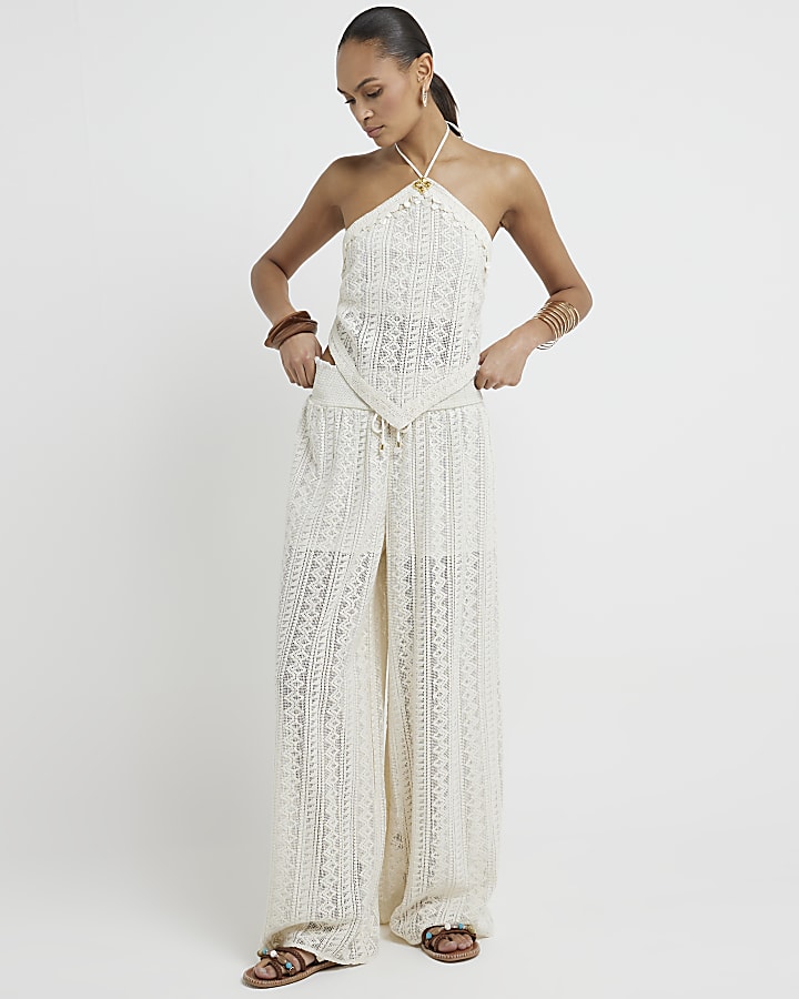 Cream crochet halter neck top