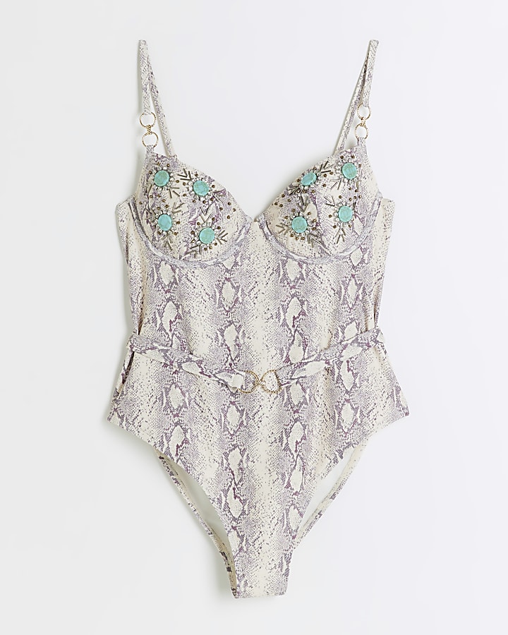 Grey animal print embellished swimsuit