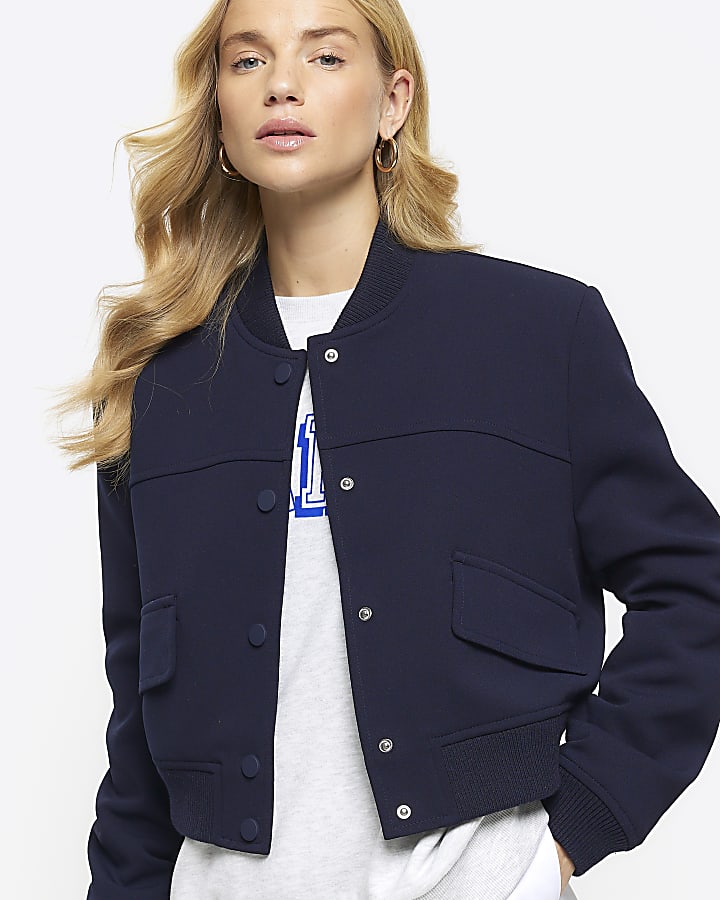 Navy tailored crop bomber jacket