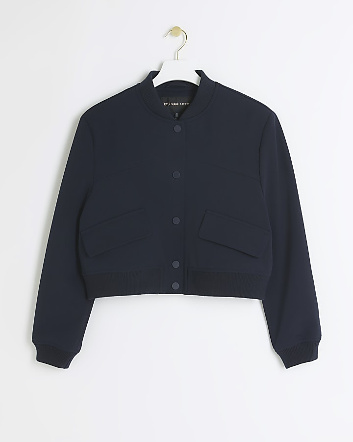 Navy tailored crop bomber jacket