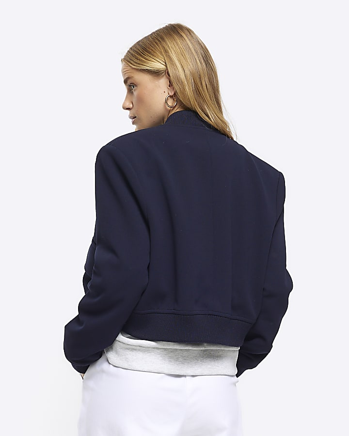 Navy tailored crop bomber jacket