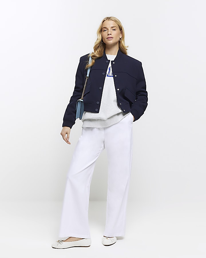 Navy tailored crop bomber jacket