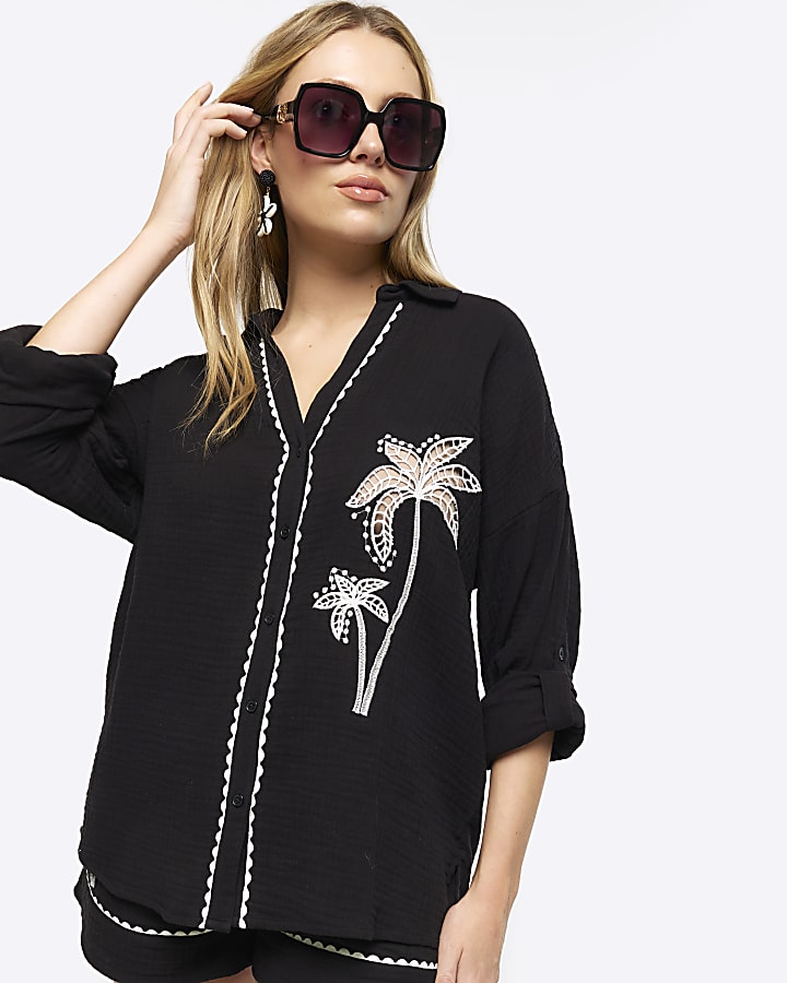 Black embroidered palm tree shirt