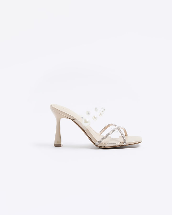 Beige pearl strap heeled mule sandals