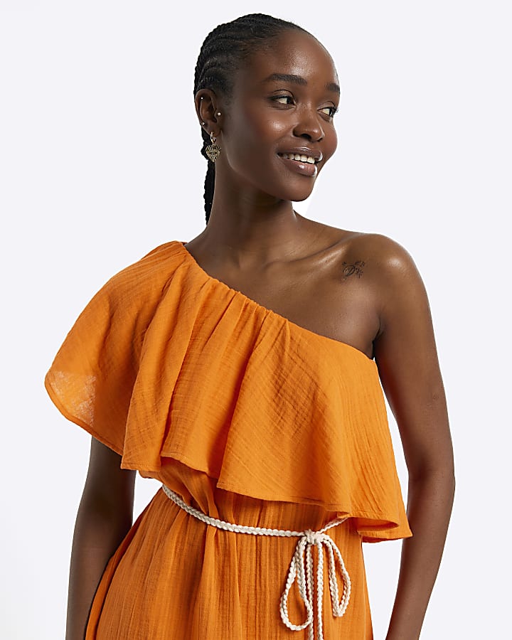 Orange off shoulder belted shift mini dress