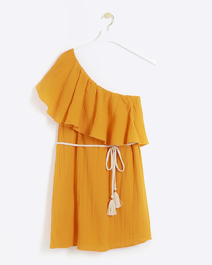 Orange off shoulder belted shift mini dress