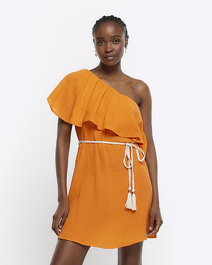 Orange off shoulder belted shift mini dress