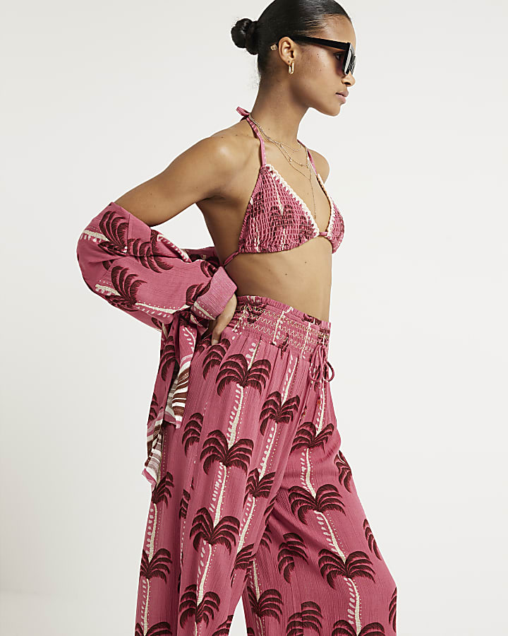 Pink palm tree wide leg beach trousers