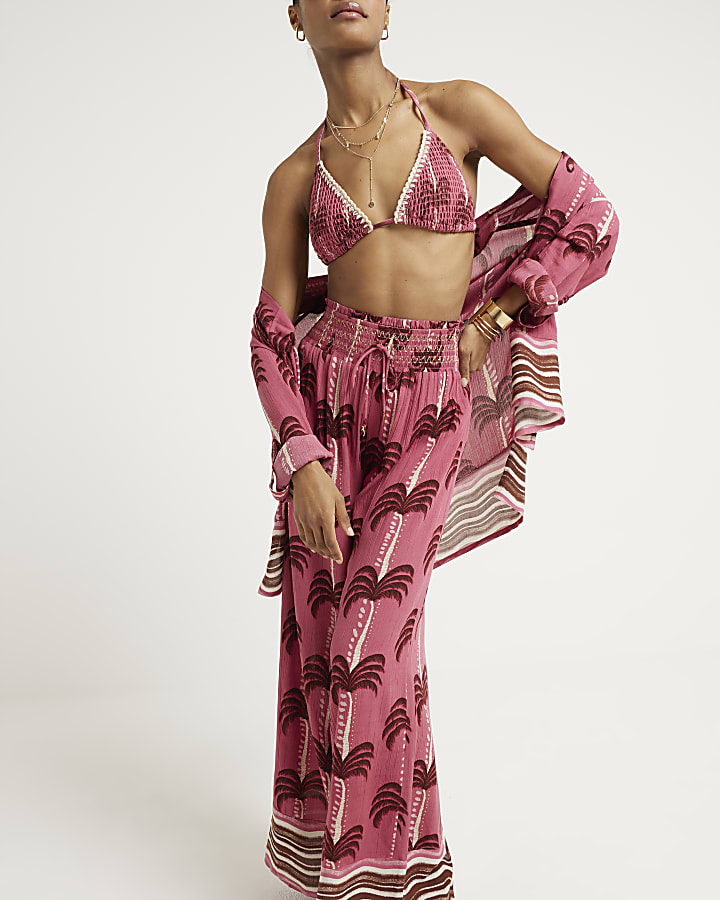 Pink palm tree wide leg beach trousers