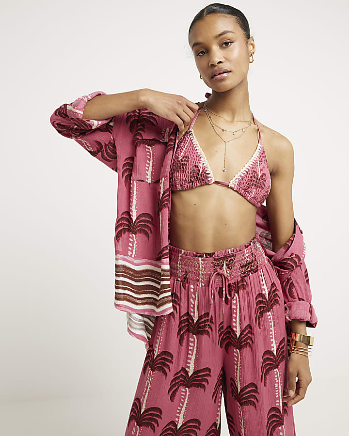 Pink palm tree wide leg beach trousers