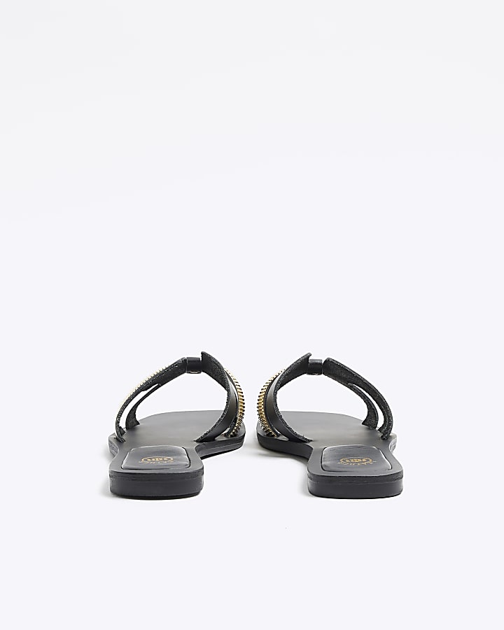 Black wide fit leather flat sandals