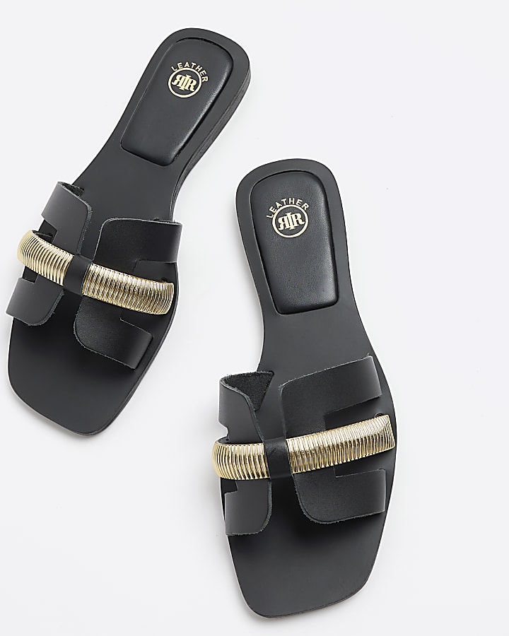 Black wide fit leather flat sandals