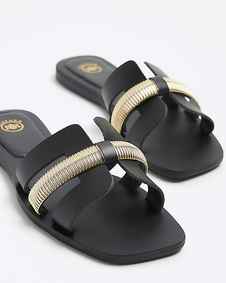 Black wide fit leather flat sandals