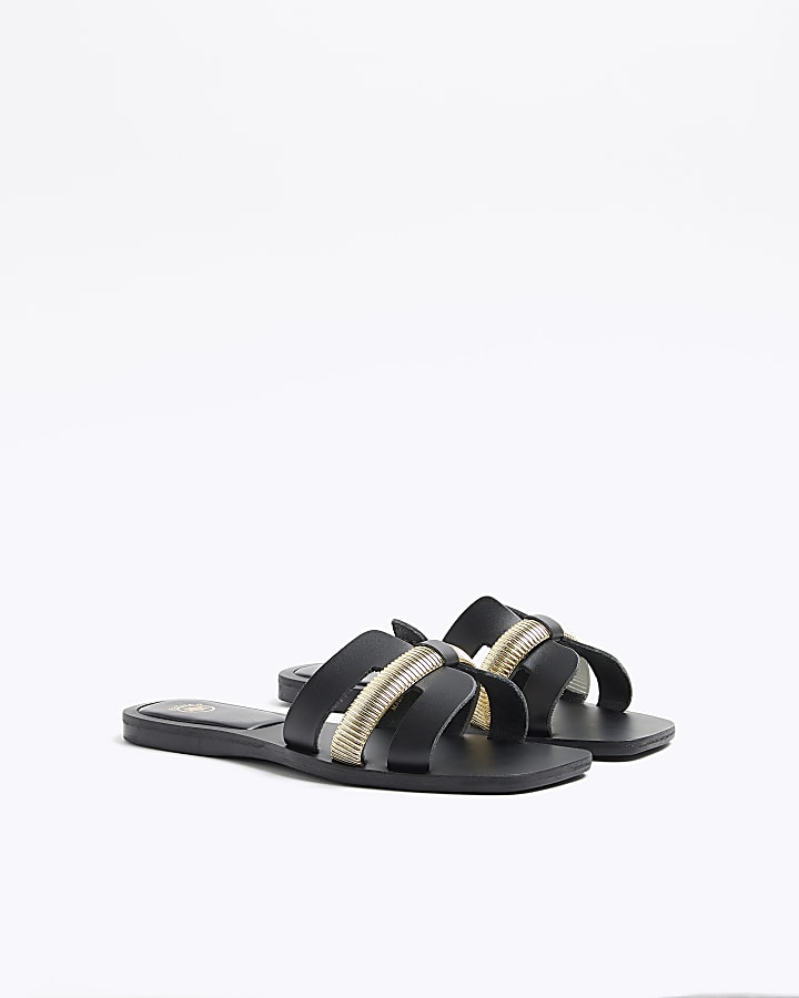 Black wide fit leather flat sandals